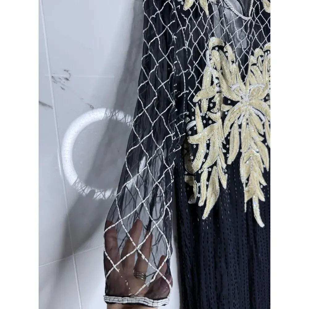 Beaded Silk Laurence Kazar Evening Gown Large VTG Dress Black White Regal Art - Picture 2 of 16